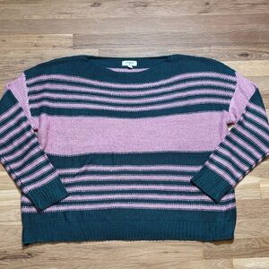 Umgee Boatneck Long Sleeve Oversized Pink & Green Striped Knit Sweater Women’s M
